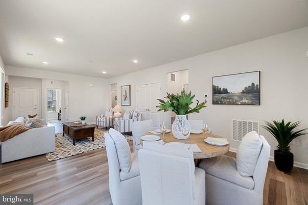 Dining room, Interior, Living room, Recessed Lighting, Wood Texture Flooring