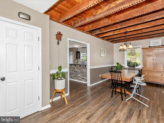 Dining room, Interior, Pendant Lights, Wooden Beams, Wooden Ceilings, Wood Texture Flooring