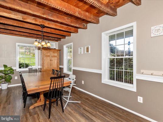 Chandelier, Dining room, Interior, Pendant Lights, Wooden Beams, Wooden Ceilings, Wood Texture Flooring