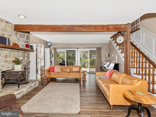 Interior, Living room, Piano, Recessed Lighting, Stone Walls, Wooden Beams, Wood Texture Flooring