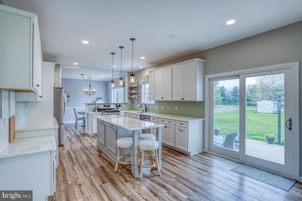 Chandelier, Interior, Kitchen, Pendant Lights, Recessed Lighting, Wood Texture Flooring