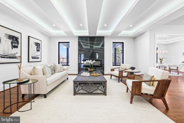 Dining room, Fireplace, Interior, Living room, Recessed Lighting, Wood Texture Flooring