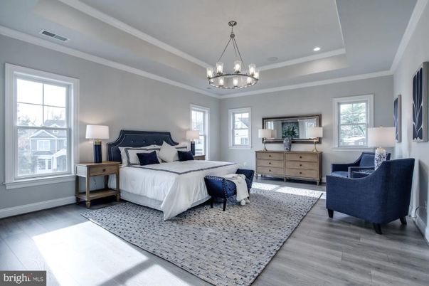 Bedroom, Chandelier, Interior, Recessed Lighting, Wood Texture Flooring