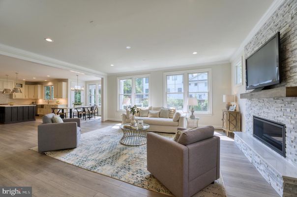 Dining room, Fireplace, Interior, Kitchen, Living room, Pendant Lights, Recessed Lighting, Stone Walls, Wood Texture Flooring