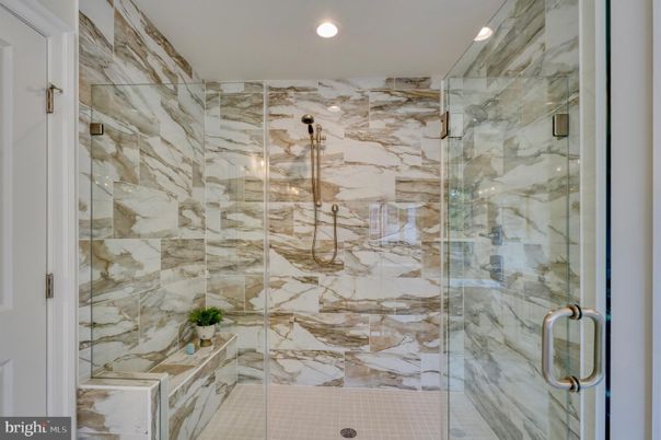 Bathroom, Glass Shower, Interior, Marble Walls, Recessed Lighting