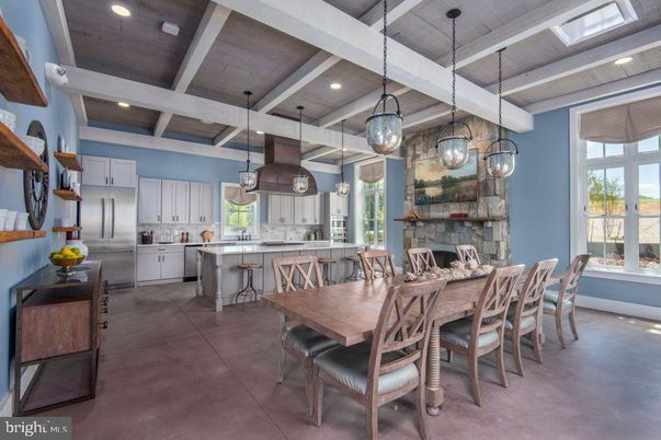 Dining room, Fireplace, Interior, Kitchen, Pendant Lights, Recessed Lighting, Stainless Steel Appliances, Wooden Beams, Wooden Ceilings