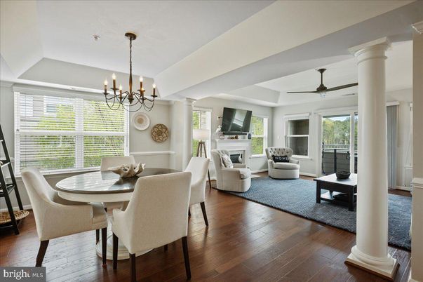 Chandelier, Dining room, Fireplace, Interior, Living room, Pendant Lights, Wood Texture Flooring