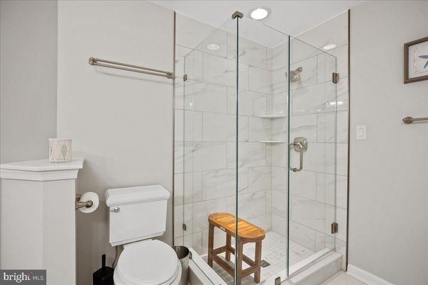 Bathroom, Glass Shower, Interior, Marble Walls, Recessed Lighting