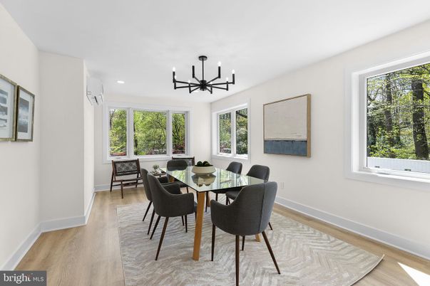 Dining room, Interior, Pendant Lights, Recessed Lighting, Wood Texture Flooring