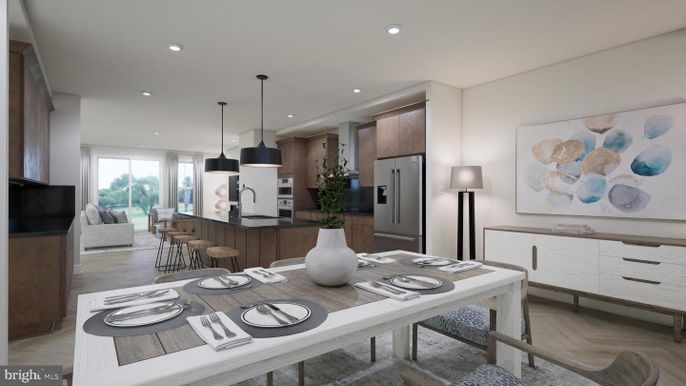 Dining room, Interior, Kitchen, Living room, Pendant Lights, Recessed Lighting, Stainless Steel Appliances, Wood Texture Flooring