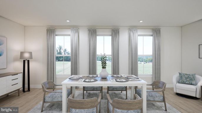 Dining room, Interior, Recessed Lighting, Wood Texture Flooring
