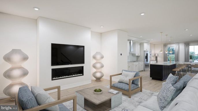 Fireplace, Interior, Kitchen, Living room, Pendant Lights, Recessed Lighting, Wood Texture Flooring