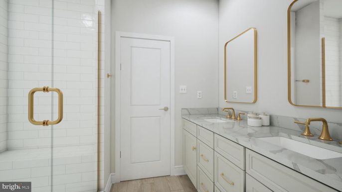 Bathroom, Dual Sink Vanities, Glass Shower, Interior, Wood Texture Flooring