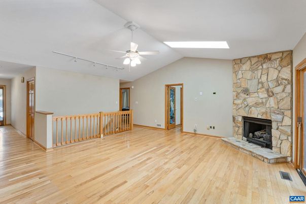 Empty room, Fireplace, Interior, Stone Walls, Wood Texture Flooring
