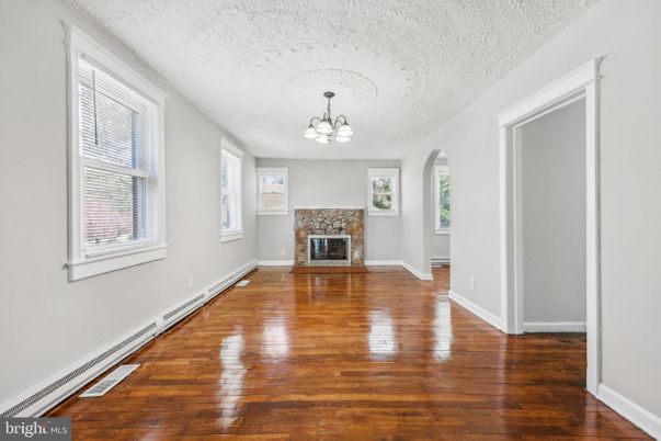 Chandelier, Empty room, Fireplace, Interior, Wood Texture Flooring