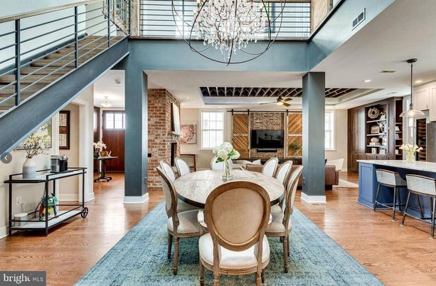 Dining room, Interior, Pendant Lights, Recessed Lighting, Stone Walls, Wood Texture Flooring