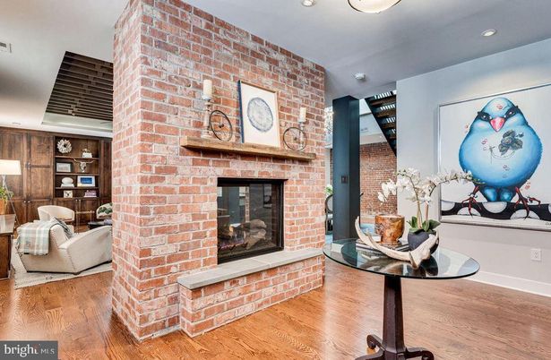 Fireplace, Interior, Recessed Lighting, Stone Walls, Wood Texture Flooring
