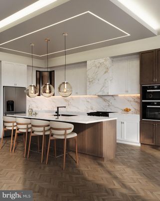 Dining room, Interior, Kitchen, Marble Walls, Pendant Lights, Wood Texture Flooring