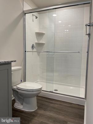 Bathroom, Glass Shower, Interior, Wood Texture Flooring
