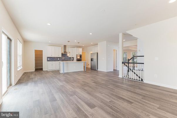 Empty room, Interior, Kitchen, Pendant Lights, Recessed Lighting, Wood Texture Flooring
