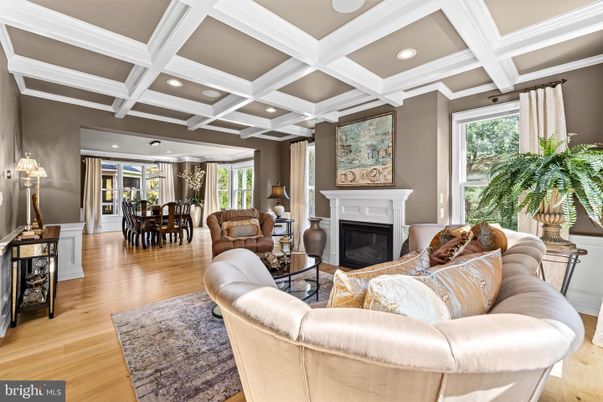 Dining room, Fireplace, Interior, Living room, Recessed Lighting, Wood Texture Flooring