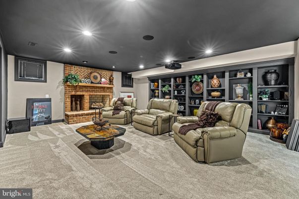 Fireplace, Interior, Living room, Recessed Lighting, Stone Walls