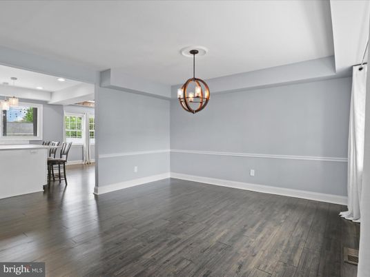 Chandelier, Dining room, Empty room, Interior, Pendant Lights, Recessed Lighting, Wood Texture Flooring