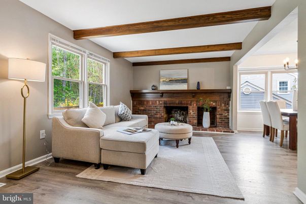 Dining room, Fireplace, Interior, Living room, Stone Walls, Wooden Beams, Wood Texture Flooring