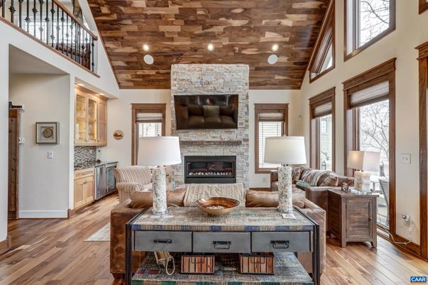 Fireplace, Interior, Living room, Recessed Lighting, Wooden Ceilings, Wood Texture Flooring
