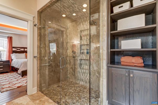 Bathroom, Bedroom, Glass Shower, Interior, Recessed Lighting, Wood Texture Flooring