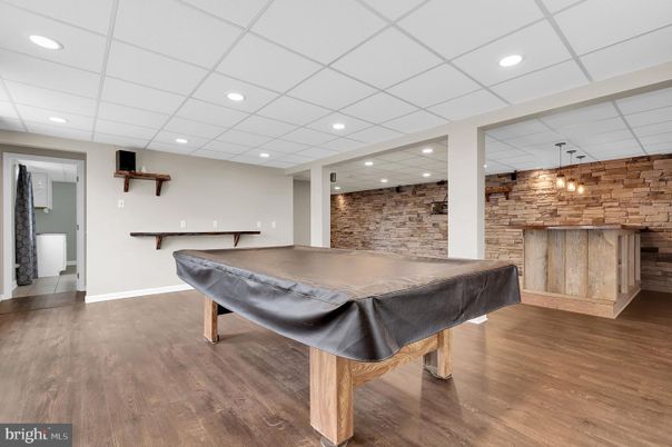 Billiard Table, Game Room, Interior, Recessed Lighting, Stone Walls, Wood Texture Flooring