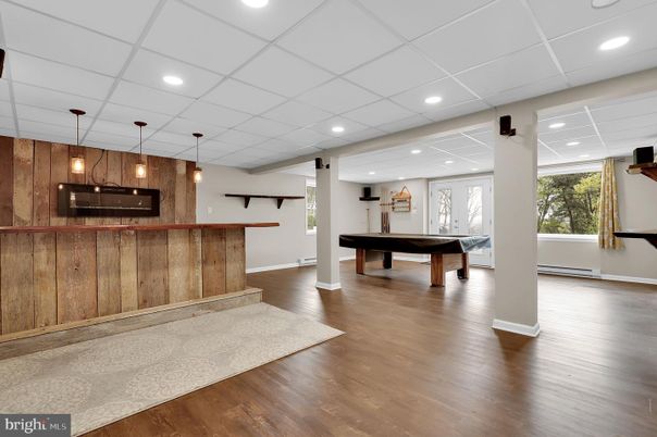 Billiard Table, Game Room, Interior, Pendant Lights, Recessed Lighting, Wood Texture Flooring