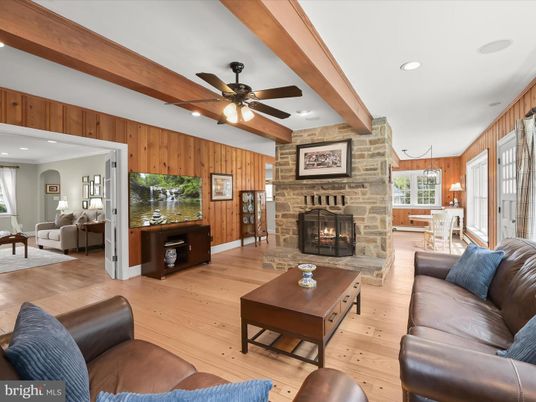 Dining room, Fireplace, Interior, Living room, Recessed Lighting, Stone Walls, Wooden Beams, Wood Texture Flooring, Wooden Walls