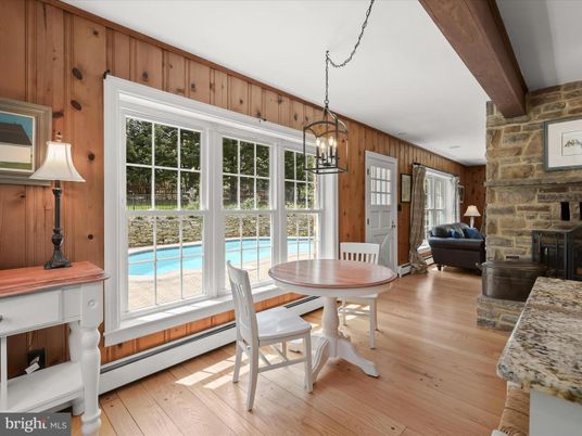Dining room, Fireplace, Interior, Pendant Lights, Stone Walls, Wooden Beams, Wood Texture Flooring, Wooden Walls