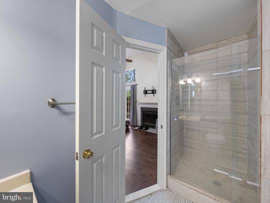 Bathroom, Glass Shower, Interior, Wood Texture Flooring