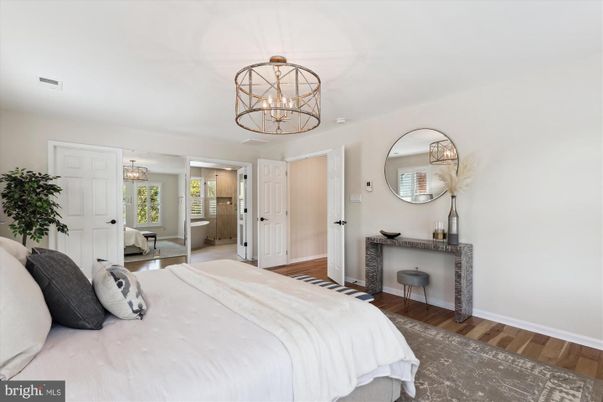 Bedroom, Chandelier, Interior, Wood Texture Flooring