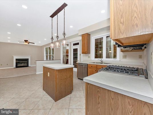 Fireplace, Interior, Kitchen, Pendant Lights, Recessed Lighting, Stainless Steel Appliances