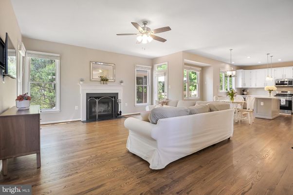 Fireplace, Interior, Kitchen, Living room, Pendant Lights, Recessed Lighting, Stainless Steel Appliances, Wood Texture Flooring