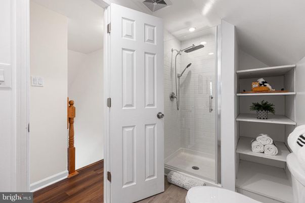 Bathroom, Glass Shower, Interior, Recessed Lighting, Wood Texture Flooring