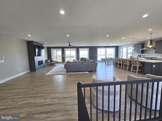 Dining room, Fireplace, Interior, Kitchen, Living room, Pendant Lights, Recessed Lighting, Wood Texture Flooring