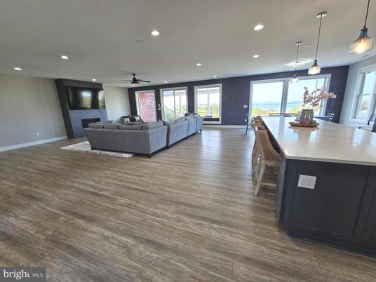 Dining room, Fireplace, Interior, Kitchen, Living room, Pendant Lights, Recessed Lighting, Wood Texture Flooring