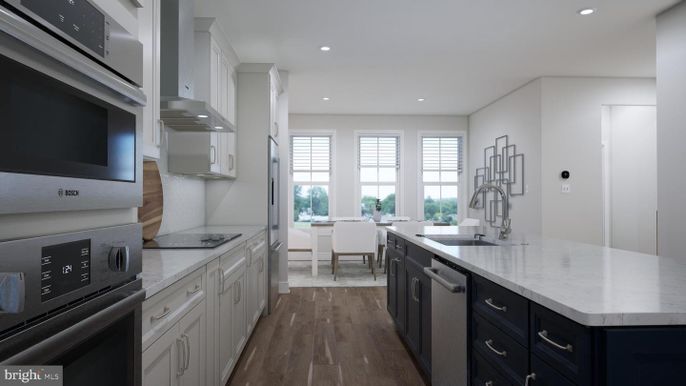 Dining room, Interior, Kitchen, Recessed Lighting, Stainless Steel Appliances, Wood Texture Flooring