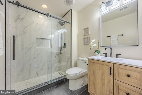 Bathroom, Glass Shower, Interior, Marble Walls, Recessed Lighting