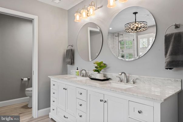 Bathroom, Dual Sink Vanities, Interior, Pendant Lights, Wood Texture Flooring