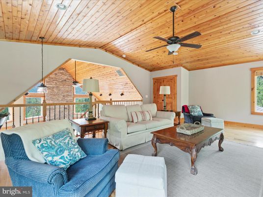 Interior, Living room, Pendant Lights, Recessed Lighting, Stone Walls, Wooden Ceilings, Wood Texture Flooring