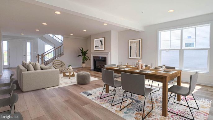 Dining room, Fireplace, Interior, Living room, Recessed Lighting, Wood Texture Flooring