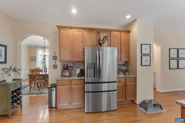 Chandelier, Dining room, Interior, Kitchen, Recessed Lighting, Stainless Steel Appliances, Wood Texture Flooring