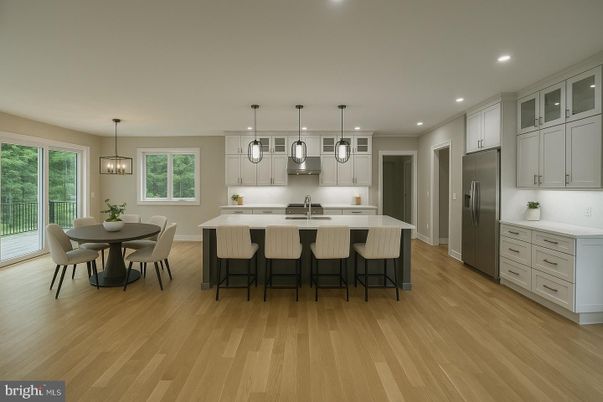 Dining room, Interior, Kitchen, Pendant Lights, Recessed Lighting, Stainless Steel Appliances, Wood Texture Flooring