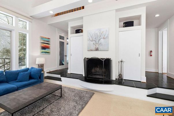 Fireplace, Interior, Living room, Recessed Lighting, Wood Texture Flooring