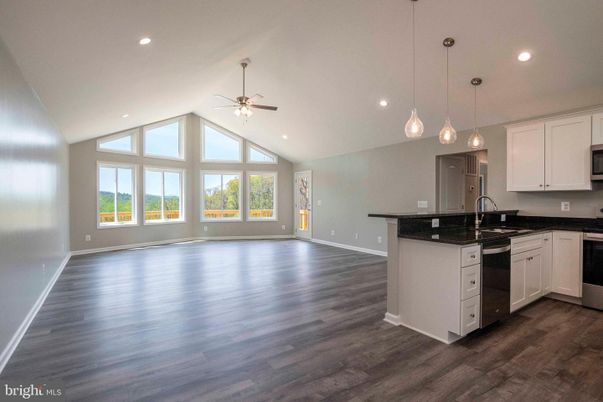 Empty room, Interior, Kitchen, Pendant Lights, Recessed Lighting, Wood Texture Flooring
